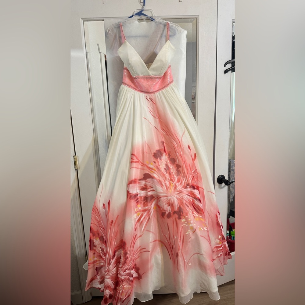 Prom or Dance or Wedding! Beautiful white with pink beading and flowers! Size 6
